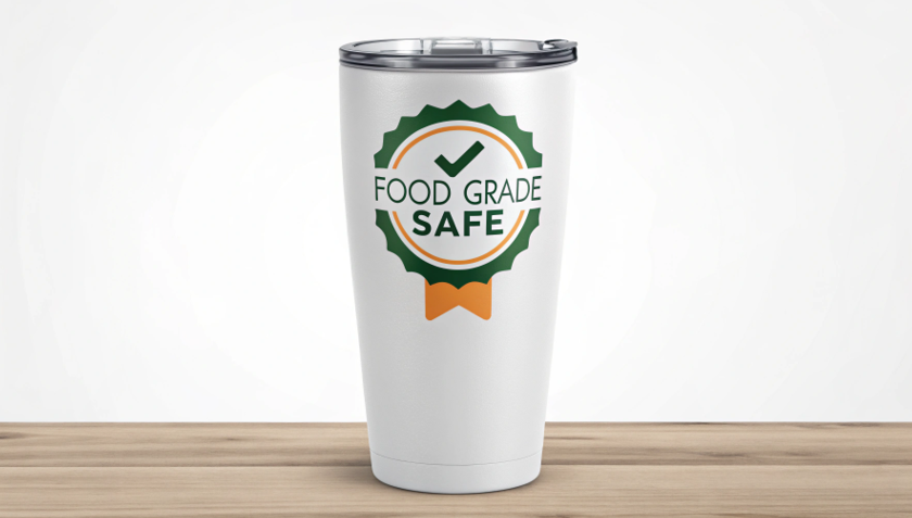 An icon or graphic showing a "Food Grade Safe" checkmark or badge on a sublimation tumbler.
