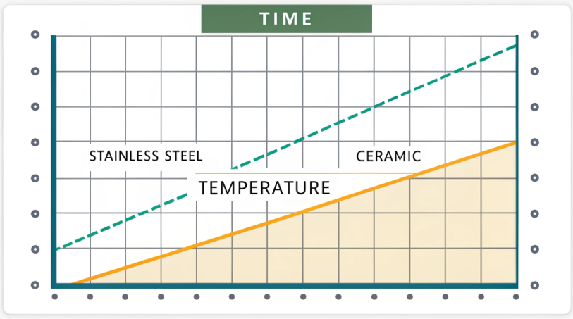 A graph showing two lines: one for stainless steel, staying high and flat over time, and one for ceramic, dropping sharply. The X-axis is "Time" and the Y-axis is "Temperature."