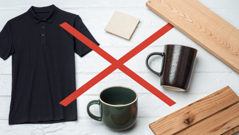 A graphic with a red "X" over a collection of unsuitable items for sublimation: a black cotton shirt, a dark ceramic mug, an untreated wooden plank, and a plain glass cup.