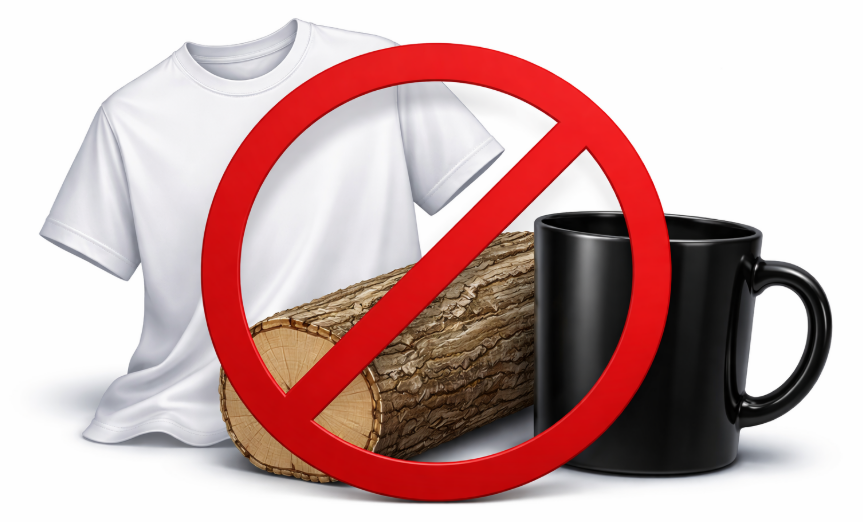 A graphic with a red circle and a slash over images of a cotton shirt, a piece of raw wood, and a black mug.