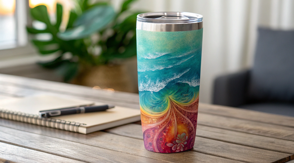 A close-up of a sublimated tumbler showing the seamless, vibrant design infused into the tumbler's surface, with no raised edges.