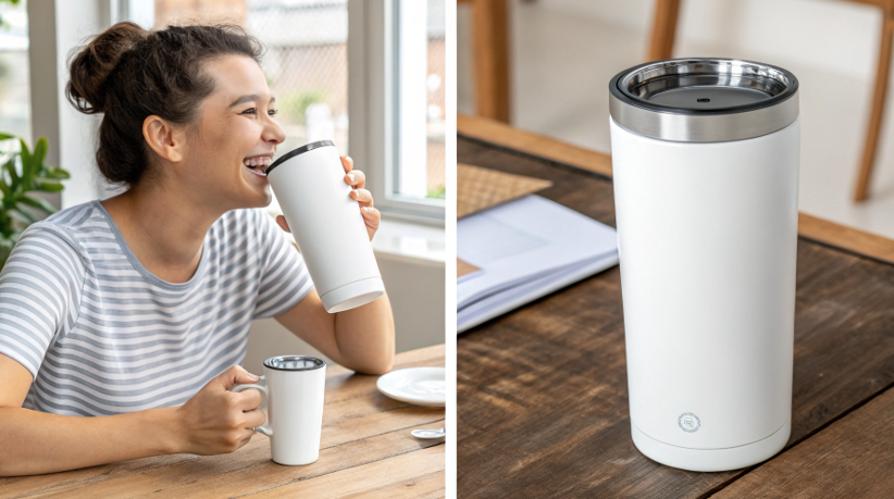 A split image showing a person happily drinking from a ceramic mug on one side and a stainless steel tumbler on the other, both looking clean and safe.