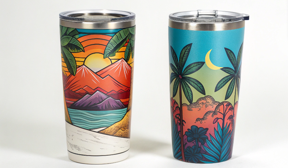 A side-by-side comparison of a brand new sublimated tumbler and one that has been used daily for over a year, with the design still looking vibrant and intact.