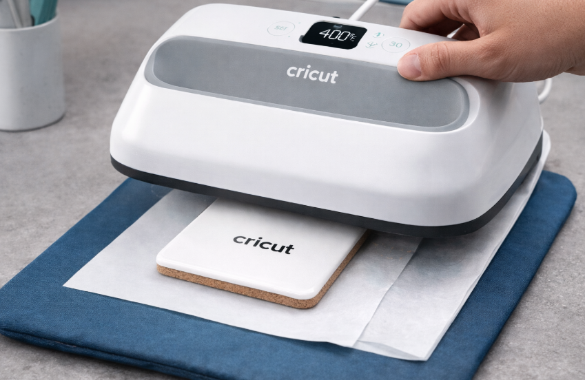 A Cricut Autopress or EasyPress being used to sublimate a Cricut-branded ceramic coaster.