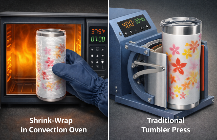 A perfectly sublimated mug with a vibrant, colorful design being removed from a mug heat press.