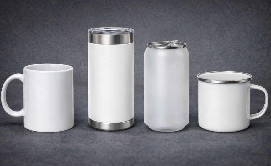 A lineup of different sublimation-ready drinkware: a white ceramic mug, a stainless steel tumbler, a frosted glass can, and an enamel camp mug.