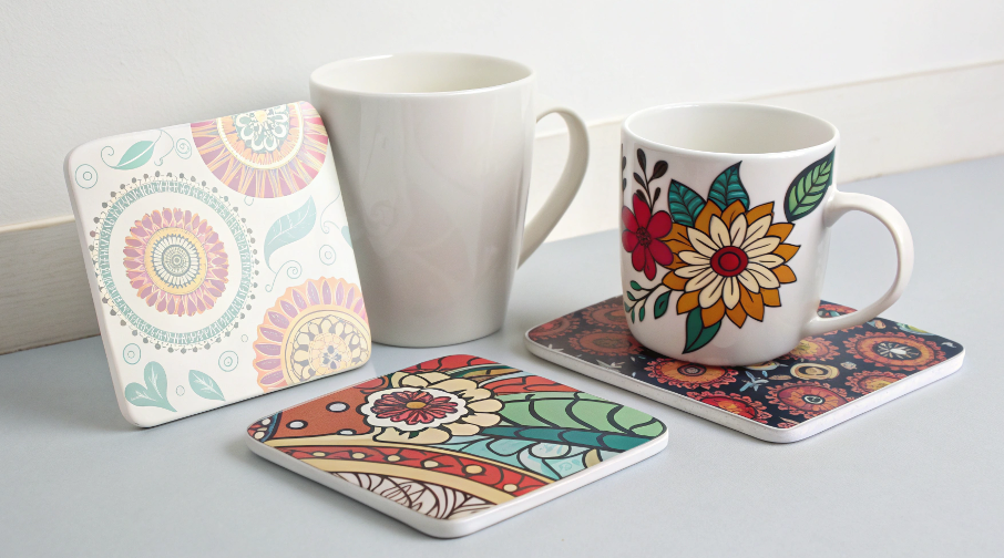 A lineup of different ceramic sublimation blanks, including a coaster, a mug, and a tile, each with a different time label.