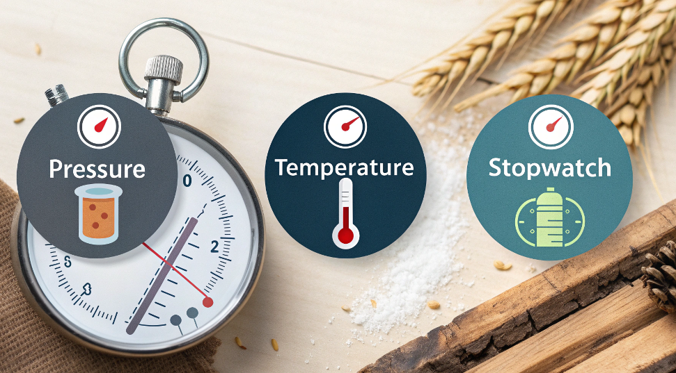 A troubleshooting graphic showing three icons: a pressure gauge, a thermometer, and a stopwatch, each highlighted to indicate the key variables in sublimation.