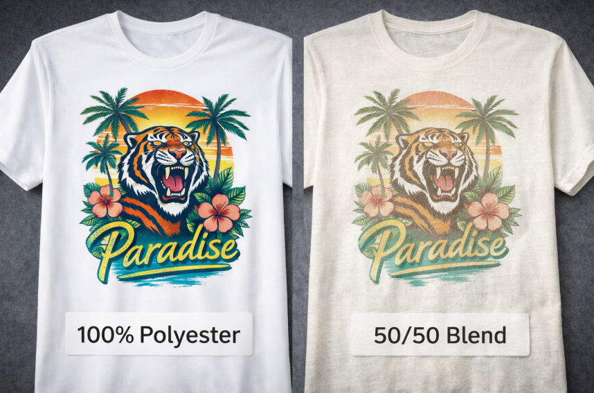 A side-by-side comparison of the same design sublimated on a 100% polyester shirt (vibrant and sharp) and a 50/50 blend shirt (faded and retro-styled).
