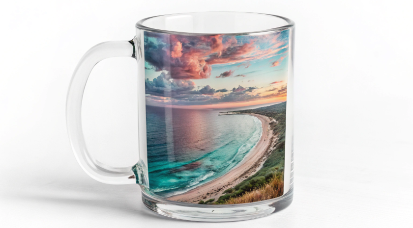 A stunning, clear glass mug with a vibrant, semi-translucent sublimation design, looking elegant and unique.