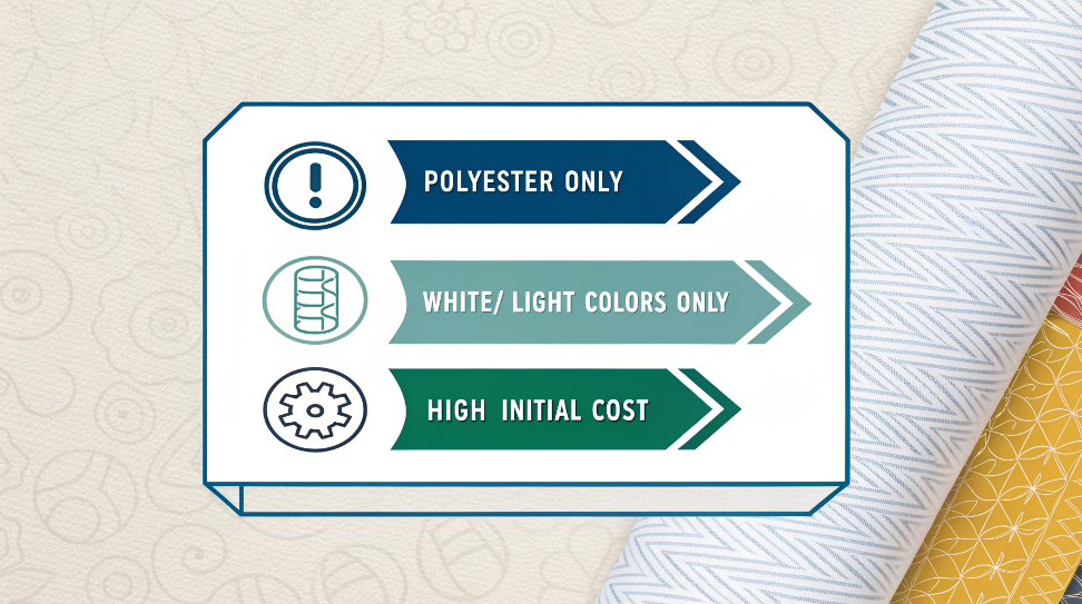 A graphic illustrating the main limitations of sublimation: a "Polyester Only" icon, a "White/Light Colors Only" icon, and a "High Initial Cost" icon.
