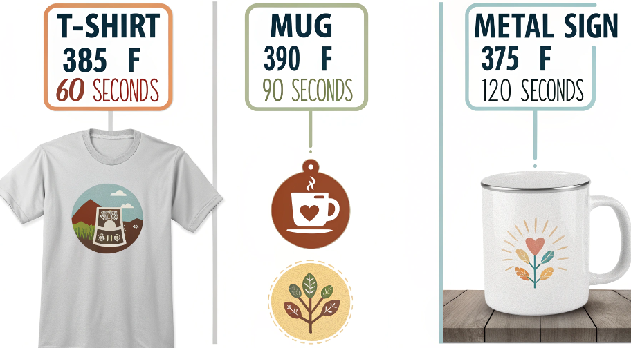 An infographic showing three different sublimation products (a t-shirt, a mug, a metal sign) each with its own unique time and temperature setting.