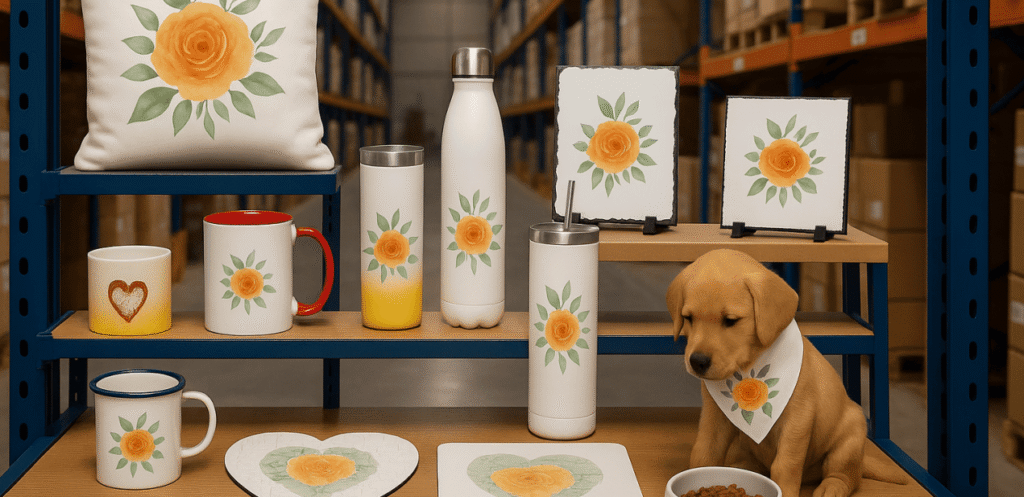 A collection of different sublimation-ready products, including a white polyester t-shirt, a coated ceramic mug, a metal sign, and an MDF photo panel.