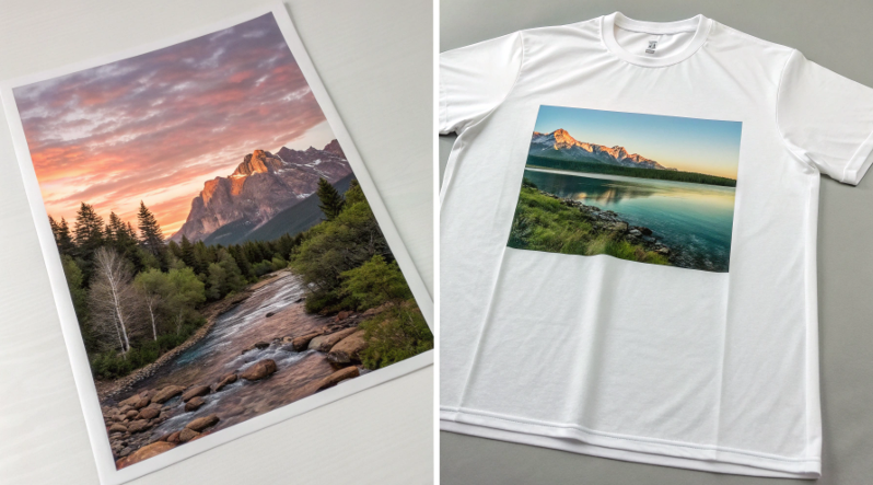 A side-by-side comparison of the same photograph sublimated on a 100% polyester white shirt and a high-gloss white aluminum panel, showing incredible vibrancy.