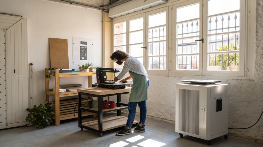 A person working with a heat press in a well-lit workshop with an open window and an air purifier running next to the workspace.