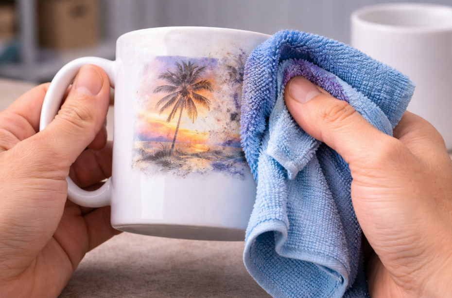 A hand wiping a failed sublimation design off a plain ceramic mug with a cloth