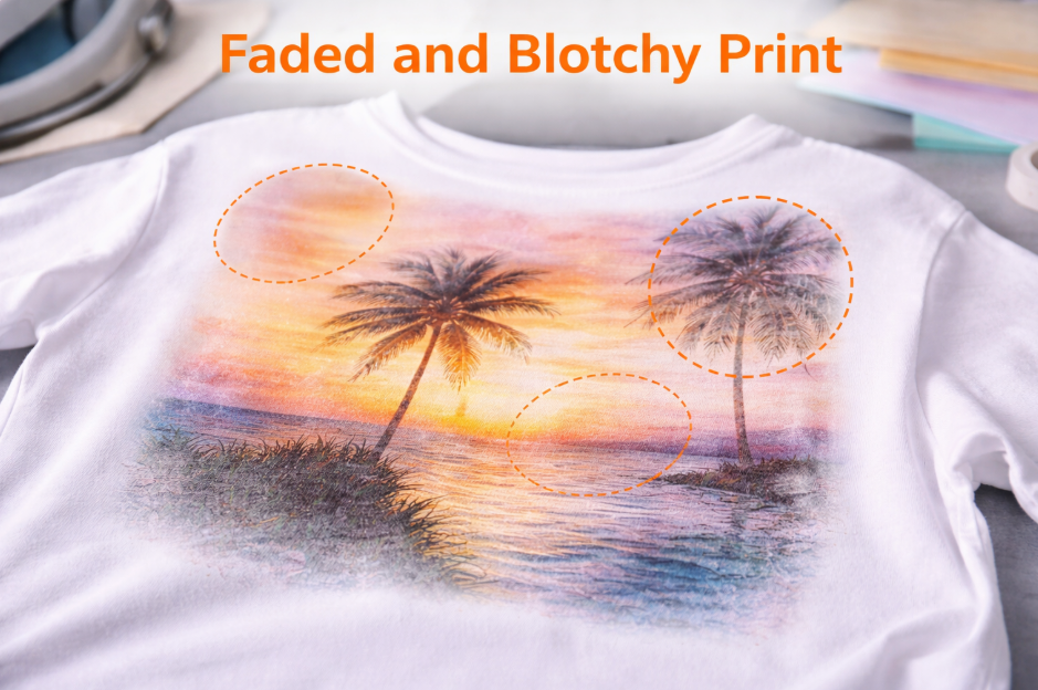 A failed sublimation print on a t-shirt showing faded and blotchy areas