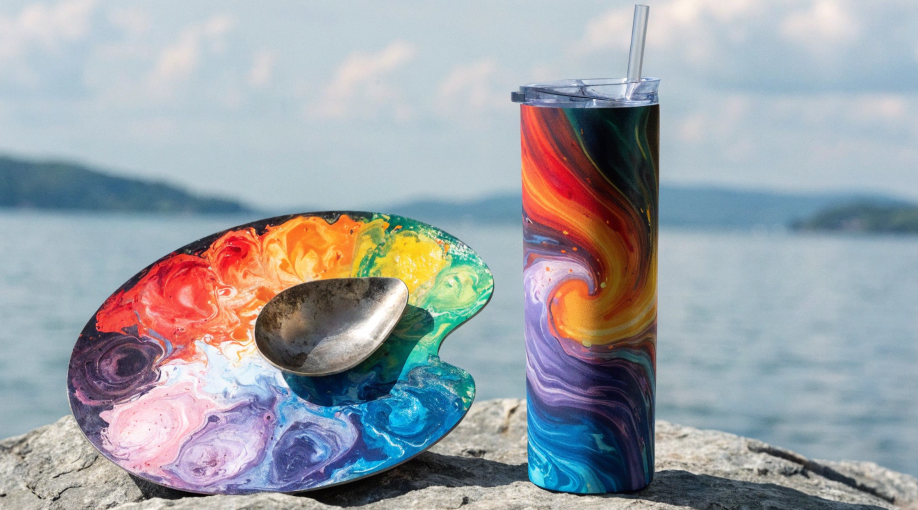 An artist's palette next to a spectacularly vibrant and colorful finished sublimation tumbler, showing a perfect color match.