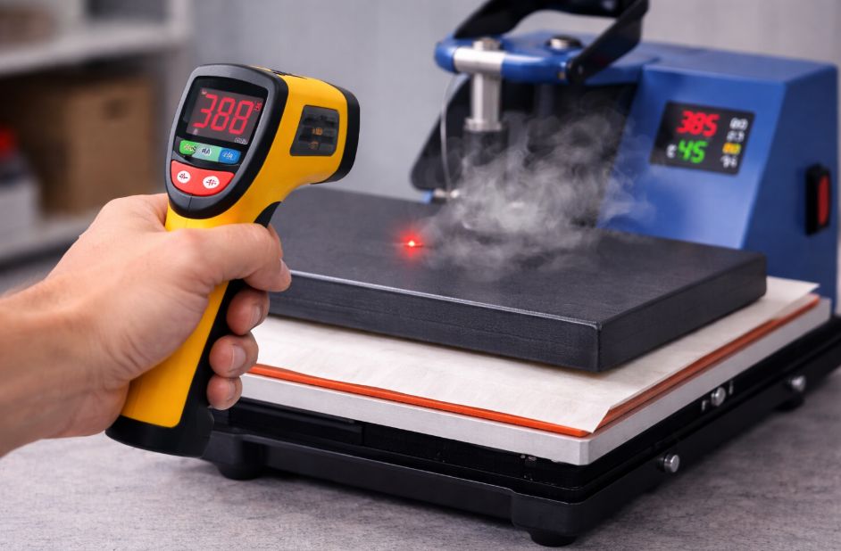 A person using an infrared thermometer gun to check the temperature of a heat press platen