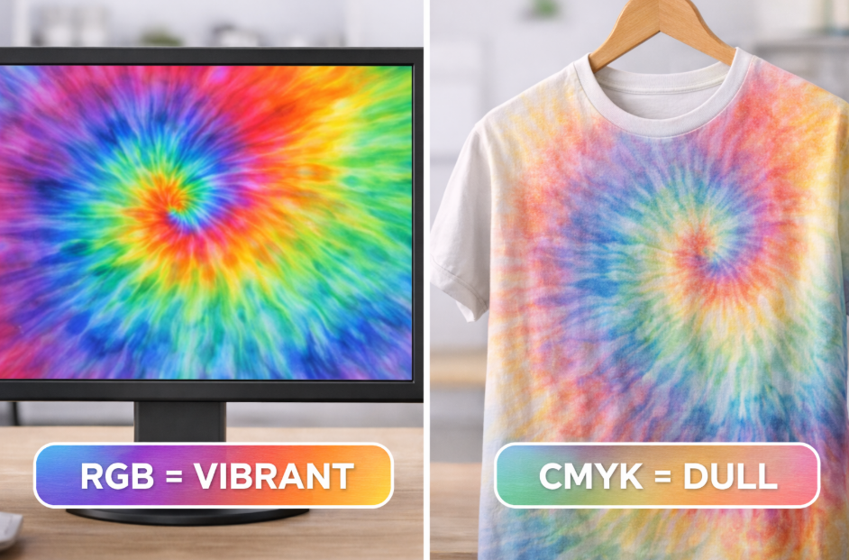 A computer screen showing a vibrant RGB design next to a sublimated t-shirt with dull, muted CMYK colors.