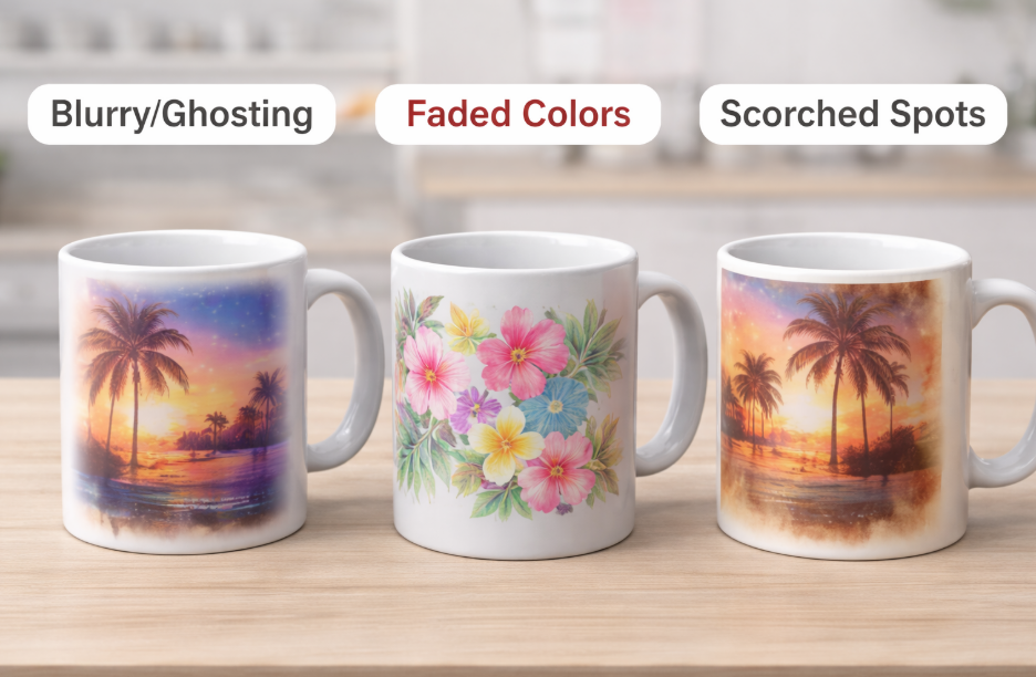 An image displaying three failed sublimation mugs side-by-side: one with blurry 'ghosting' edges, one with faded colors, and one with browned, scorched spots.