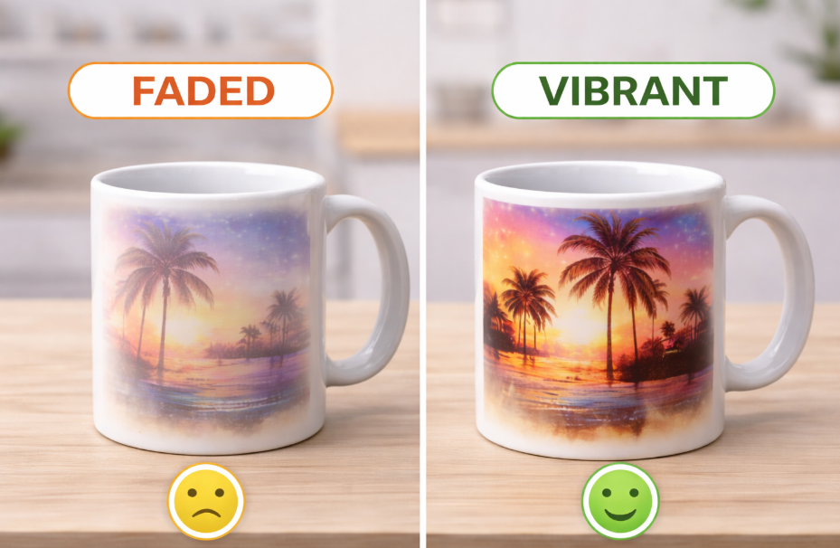 A striking visual comparison showing a dull, poorly sublimated t-shirt next to an identical one with bright, vibrant colors.
