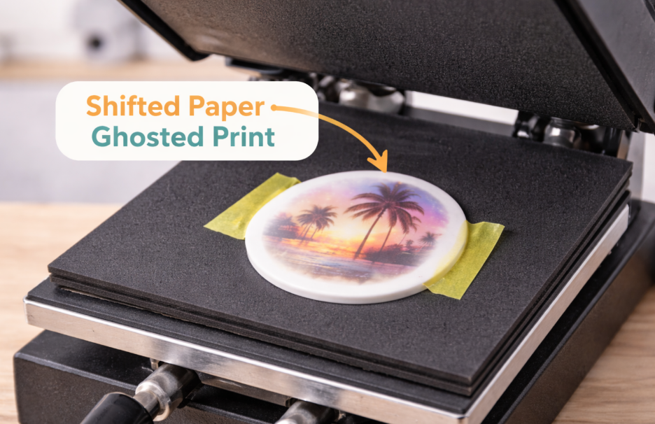 An open clam-shell heat press, showing a small, round ceramic ornament where the sublimation paper has clearly shifted, resulting in a ghosted print.