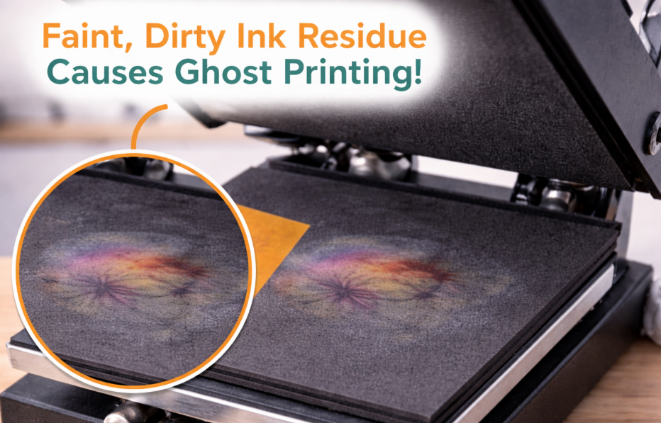A heat press platen with a faint, dirty ink residue on it, highlighting the cause of ghost printing on subsequent items.