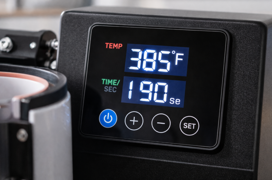 A close-up shot of the digital display on a mug press, clearly showing a temperature of 385°F and a timer set to 190 seconds.