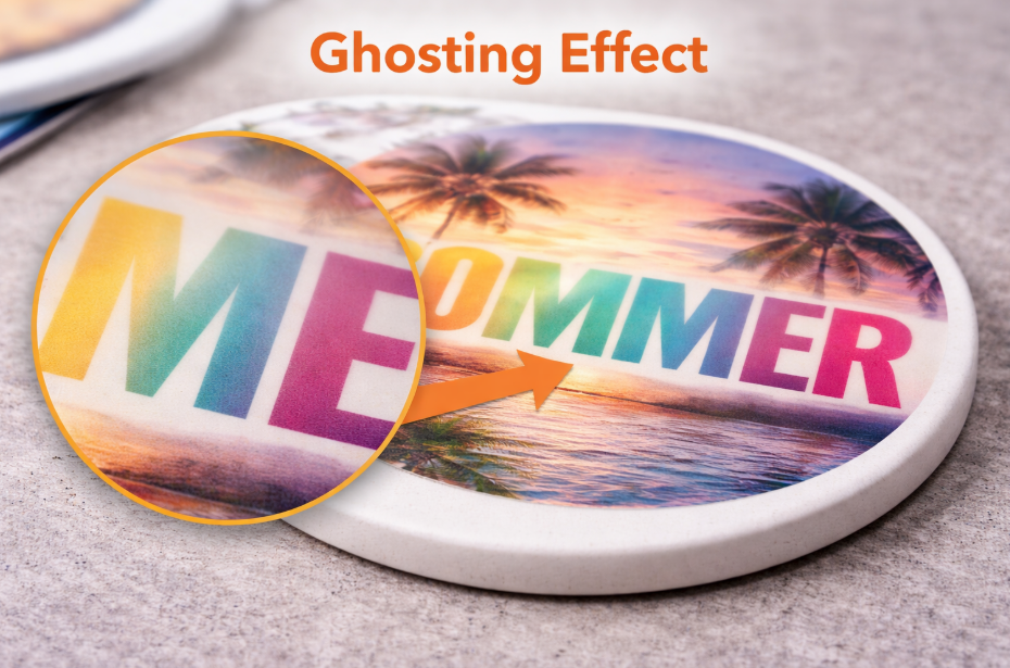 A close-up image clearly showing the ghosting effect on a ceramic coaster, with a faint, blurry shadow next to the crisp-edged letters.