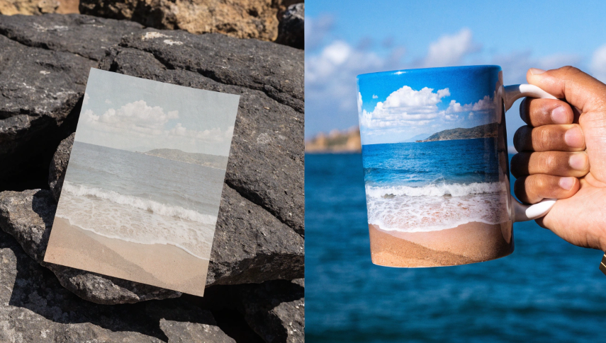 A powerful image showing a dull, faded-looking sublimation paper print placed right next to the finished, incredibly vibrant mug it produced.