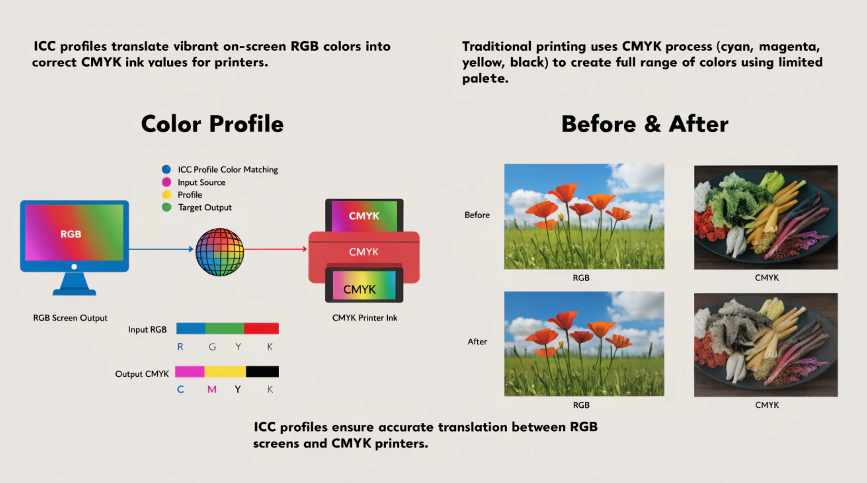A graphic illustrating how an ICC profile "translates" vibrant on-screen RGB colors into the correct CMYK ink values for a printer.