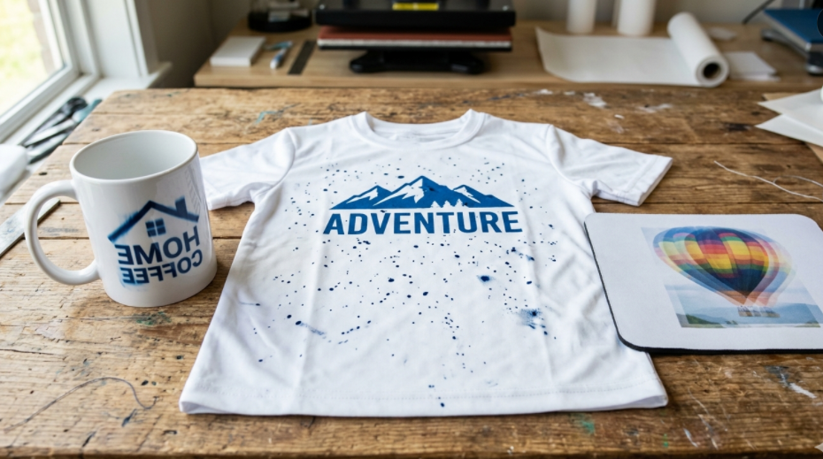 A collection of failed sublimation items: one with backward text, one with blue spots, and one with a ghosted image