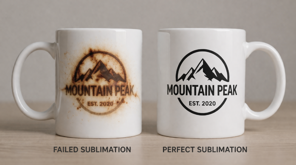 A failed sublimation mug with a burnt, brown logo next to a perfect one with a crisp black logo