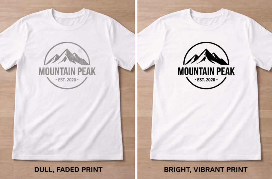 A side-by-side photo showing a dull, faded t-shirt next to an identical one with a bright, vibrant print