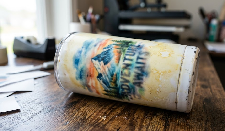 A close-up of a ruined sublimation tumbler showing yellowing and a blurry, blown-out design