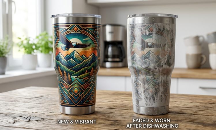 A side-by-side comparison of a new, vibrant sublimated tumbler next to an identical one that is faded and worn after dishwashing.