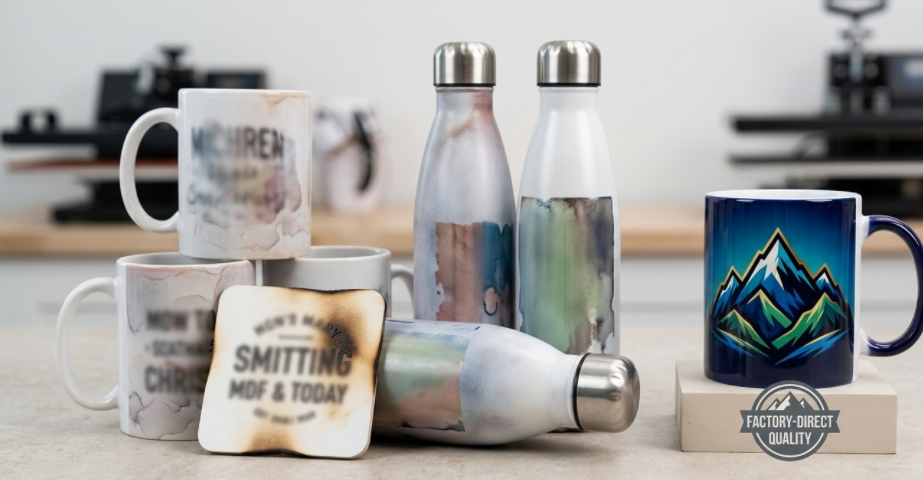 A pile of failed, blurry, and faded sublimation products next to a single, perfect, vibrant one.