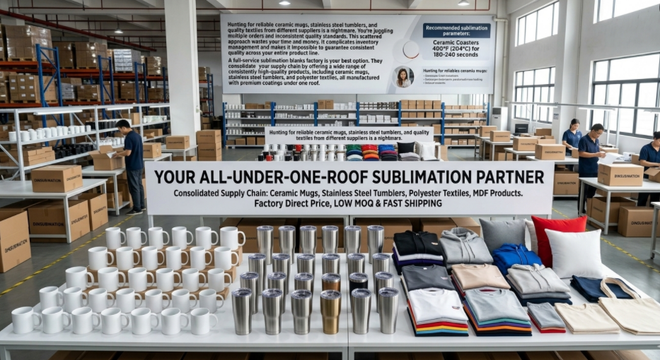 An array of different sublimation blanks—ceramic mugs, stainless steel tumblers, and polyester t-shirts—arranged neatly together.