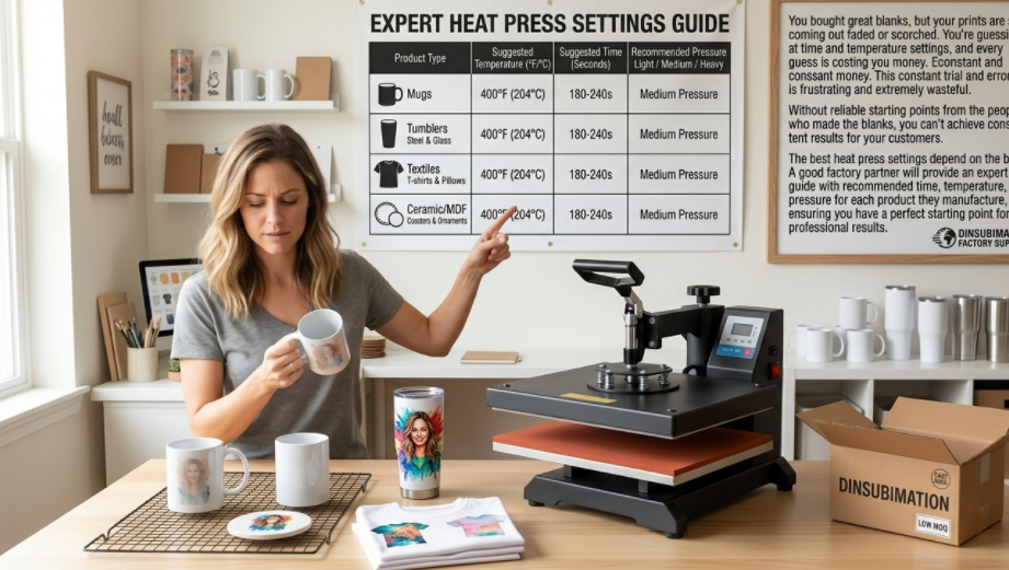 A clear chart showing recommended time and temperature settings for different sublimation blanks like mugs, tumblers, and textiles.