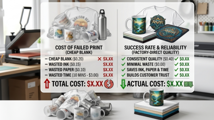 A graphic illustrating the "True Cost" of a failed print, showing the blank, ink, paper, and time adding up to more than the savings from a cheap blank.