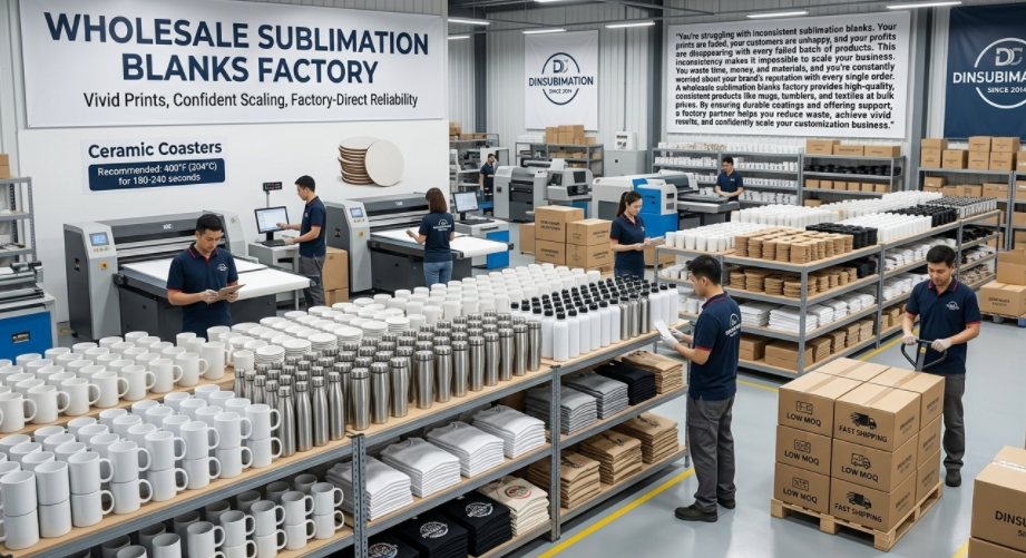 A busy and clean sublimation blanks factory with shelves of high-quality mugs, tumblers, and textiles.