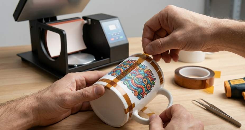 An image showing hands carefully applying heat-resistant tape to a sublimation design on a mug before pressing.