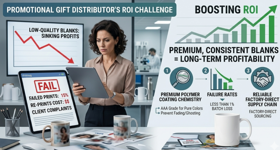 A business owner looking at a graph showing increasing ROI with high-quality wholesale sublimation blanks in the background.