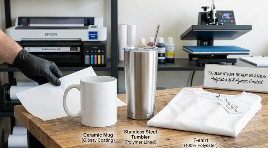 A collection of high-quality sublimation blanks: a glossy white ceramic mug, a stainless steel tumbler, and a white 100% polyester t-shirt.