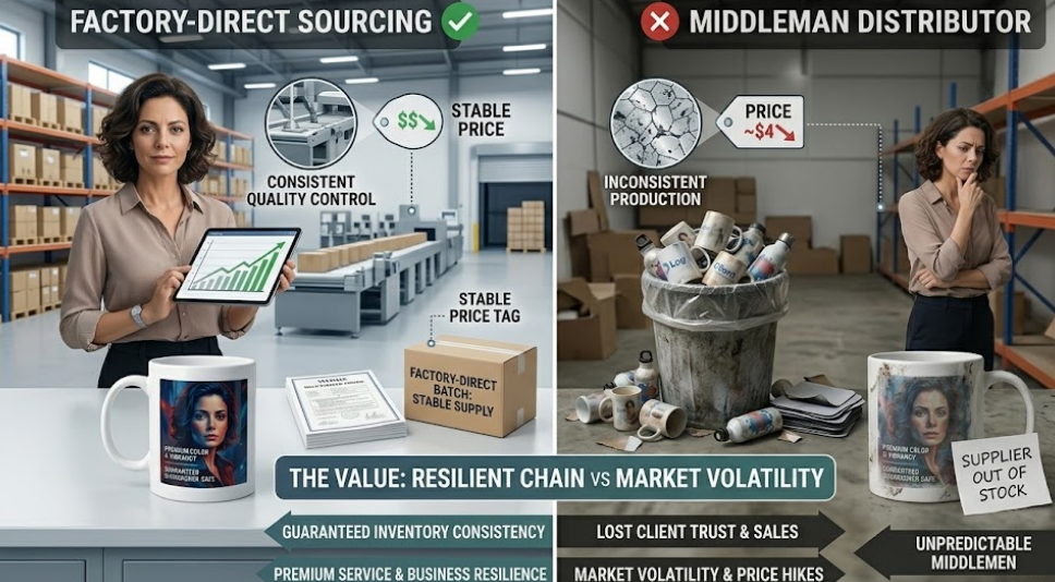 A graphic showing a direct line from a factory to a distributor, bypassing multiple middlemen and saving costs.