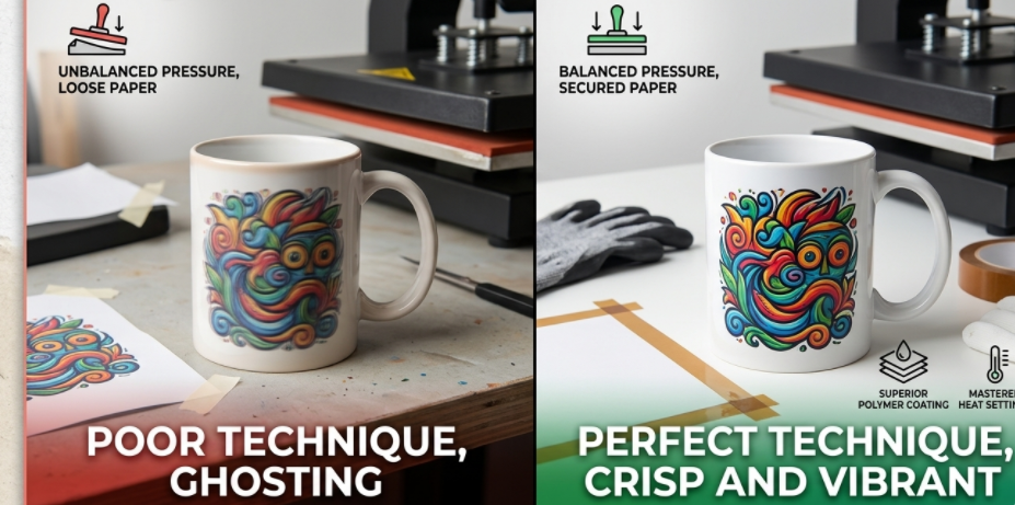A split image showing a blurry, ghosted mug on one side and a perfectly crisp, vibrant mug on the other.