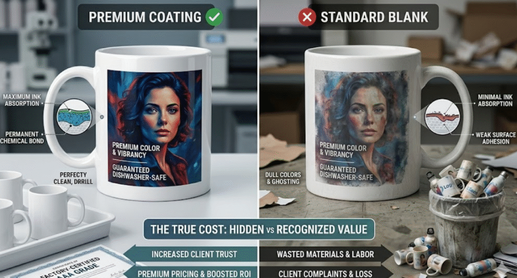 A close-up, side-by-side comparison of a vibrant, glossy sublimation print on a premium coating versus a dull print on a standard blank.