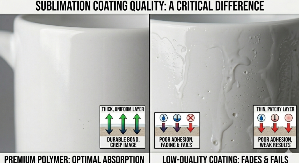 A close-up macro shot showing the difference between a thick, smooth sublimation coating and a thin, patchy one.