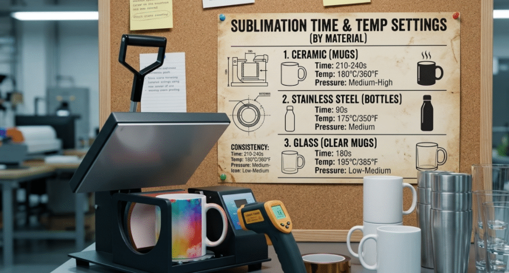 A chart displaying different sublimation blanks (ceramic, steel, glass) with their ideal time and temperature settings.